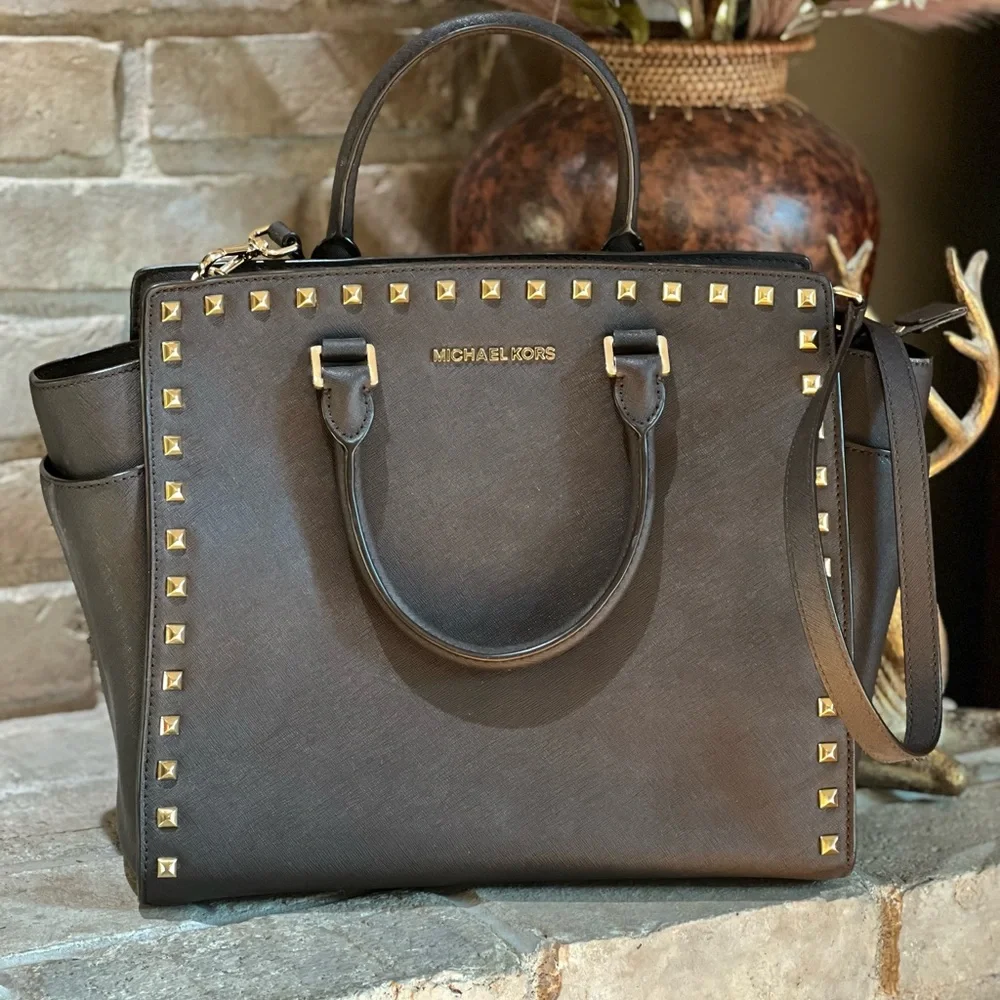 EUC~Michael Kors Selma North South Large Stud Satchel Coffee Brown Handbag.